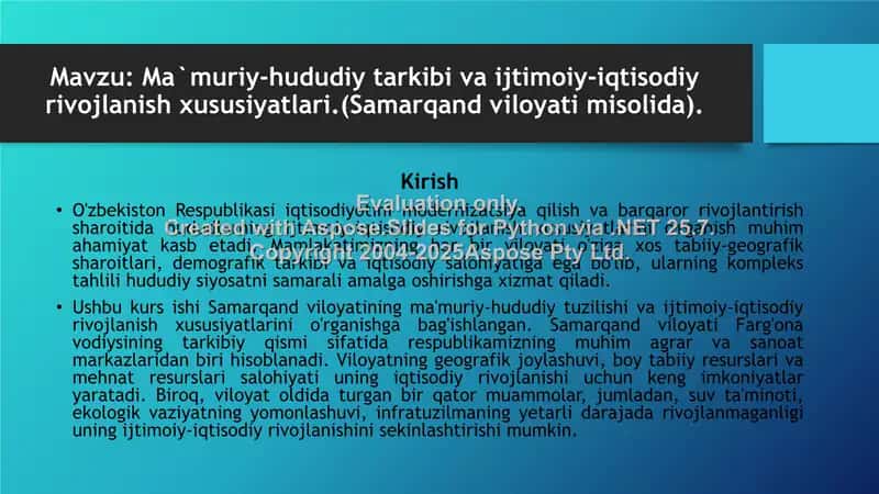 Samarqand viloyatining ma'muriy-hududiy tarkibi va ijtimoiy-iqtisodiy rivojlanishi (kurs ishi)