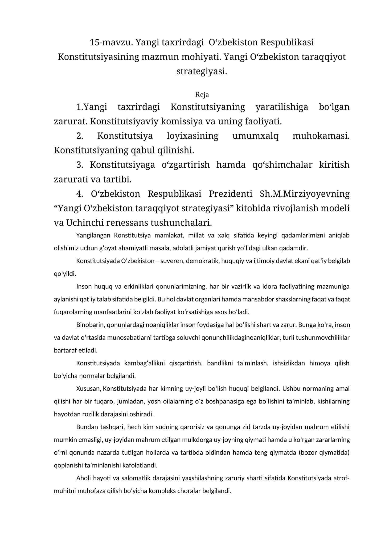 Yangi O‘zbekiston Respublikasi Konstitutsiyasining mazmun mohiyati