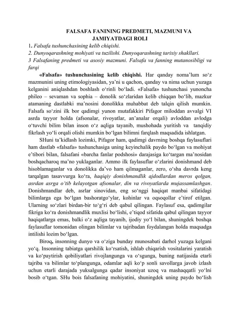 FALSAFA FANINING PREDMETI, MAZMUNI VA JAMIYATDAGI ROLI. mustaqil ish