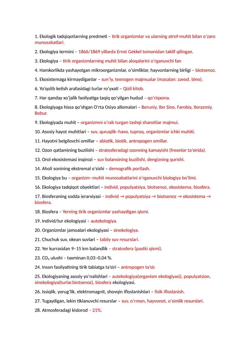 Ekologiya fanidan test savollar to'plami