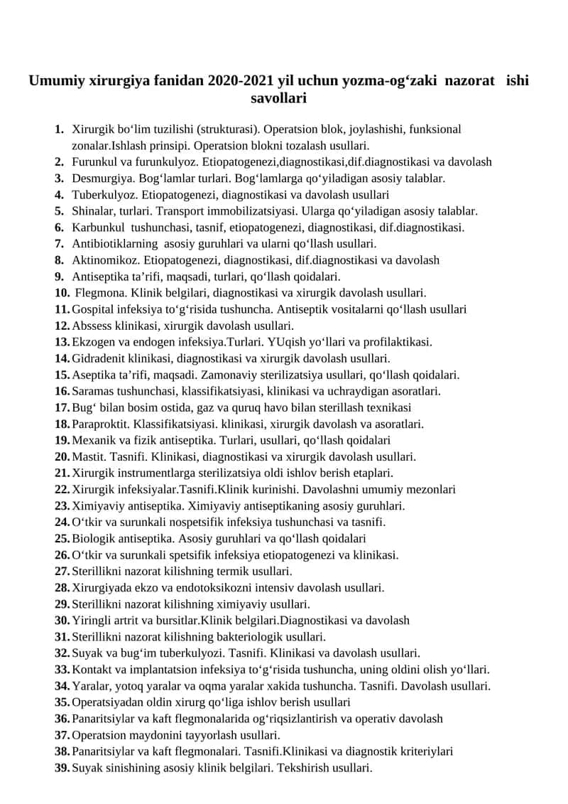 Umumiy xirurgiya fanidan 2020-2021 yil uchun yozma-og‘zaki nazorat ishi savollari