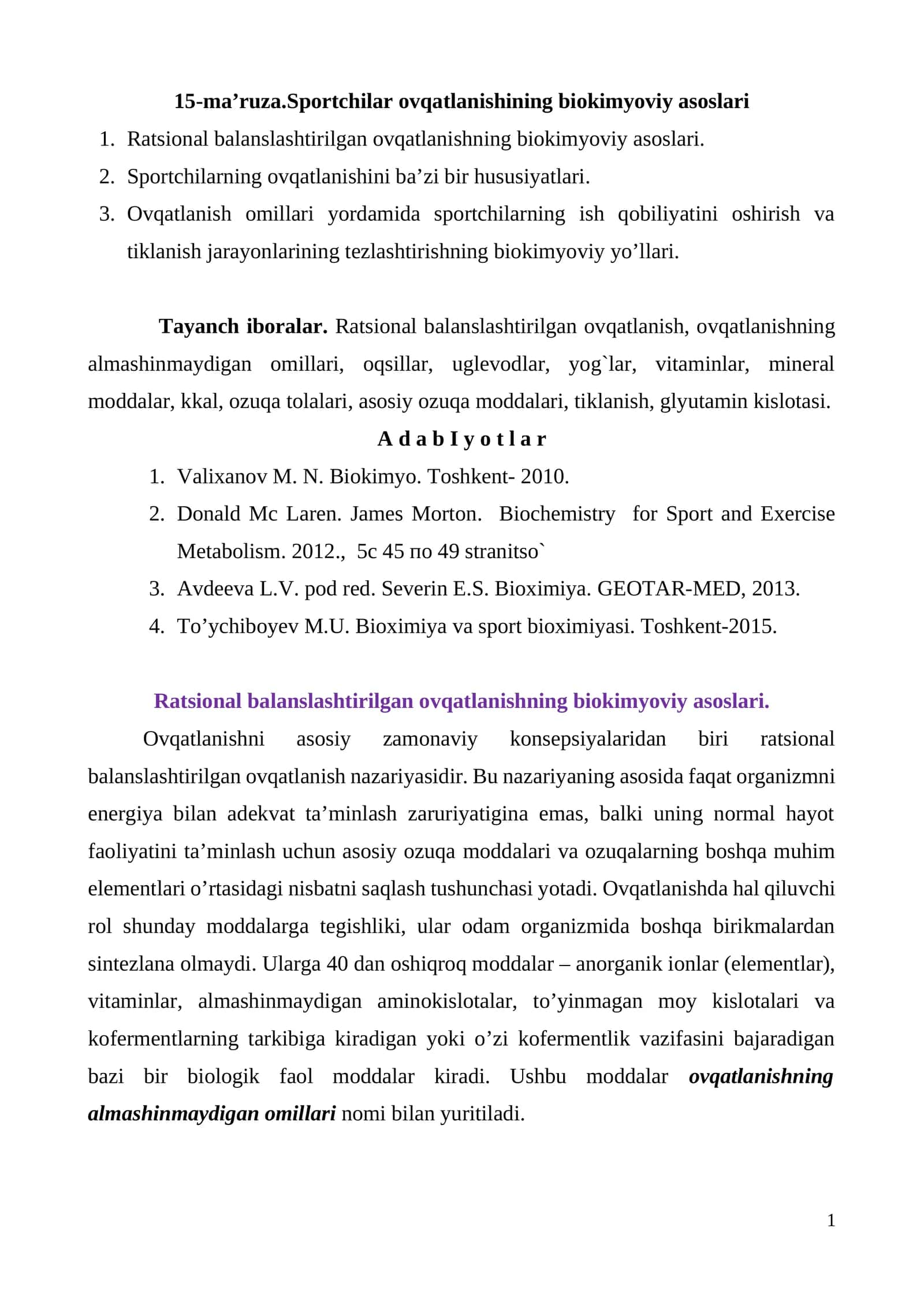 15-ma’ruza.Sportchilar ovqatlanishining biokimyoviy asoslari
