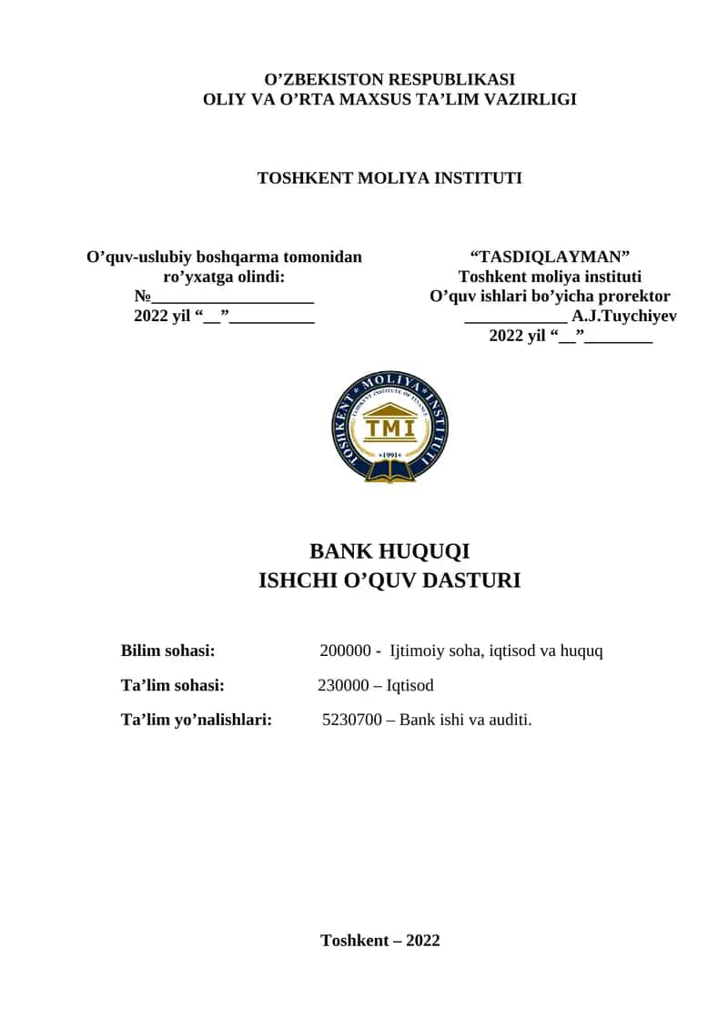 BANK HUQUQI ISHCHI O’QUV DASTURI