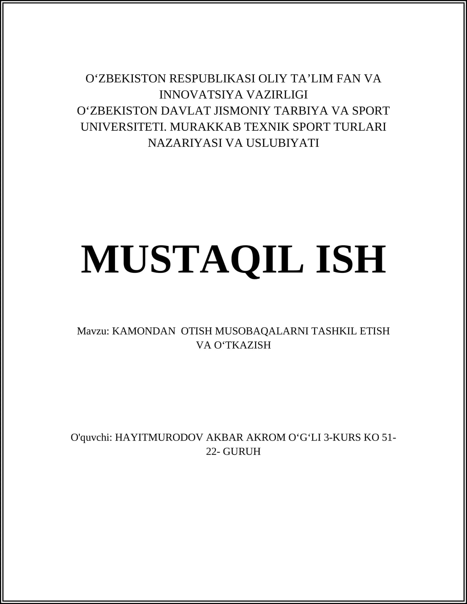 KAMONDAN OTISH MUSOBAQALARNI TASHKIL ETISH VA OʻTKAZISH