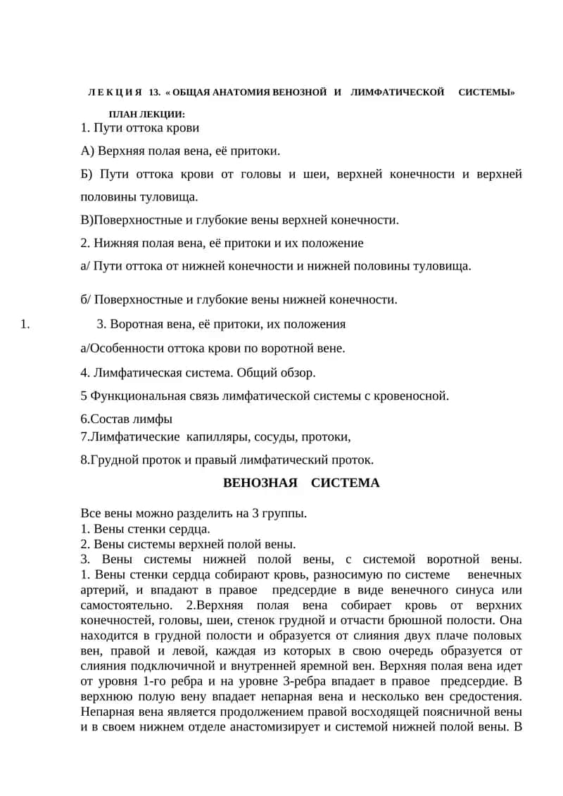 Лекция 13. «Общая анатомия венозной и лимфатической системы»