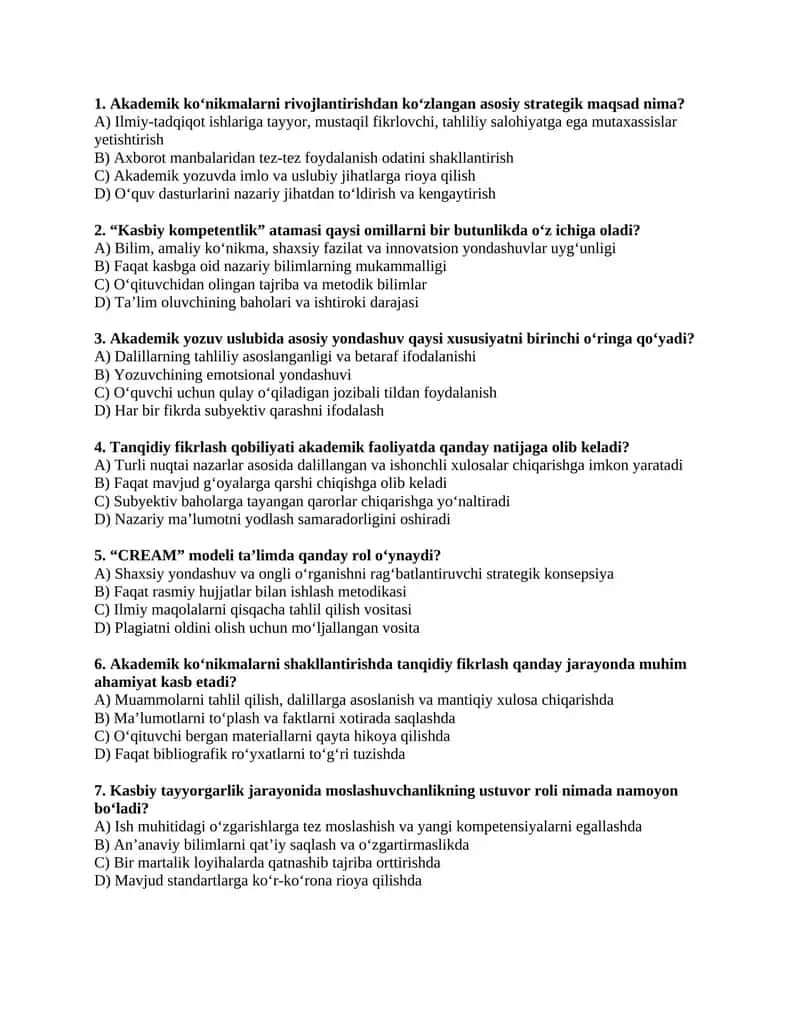 Akademik ko'nikmalar test 200 talik