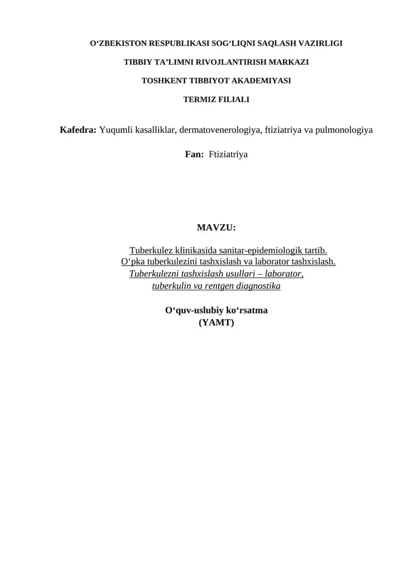 Tuberkulez klinikasida sanitar-epidemiologik tartib