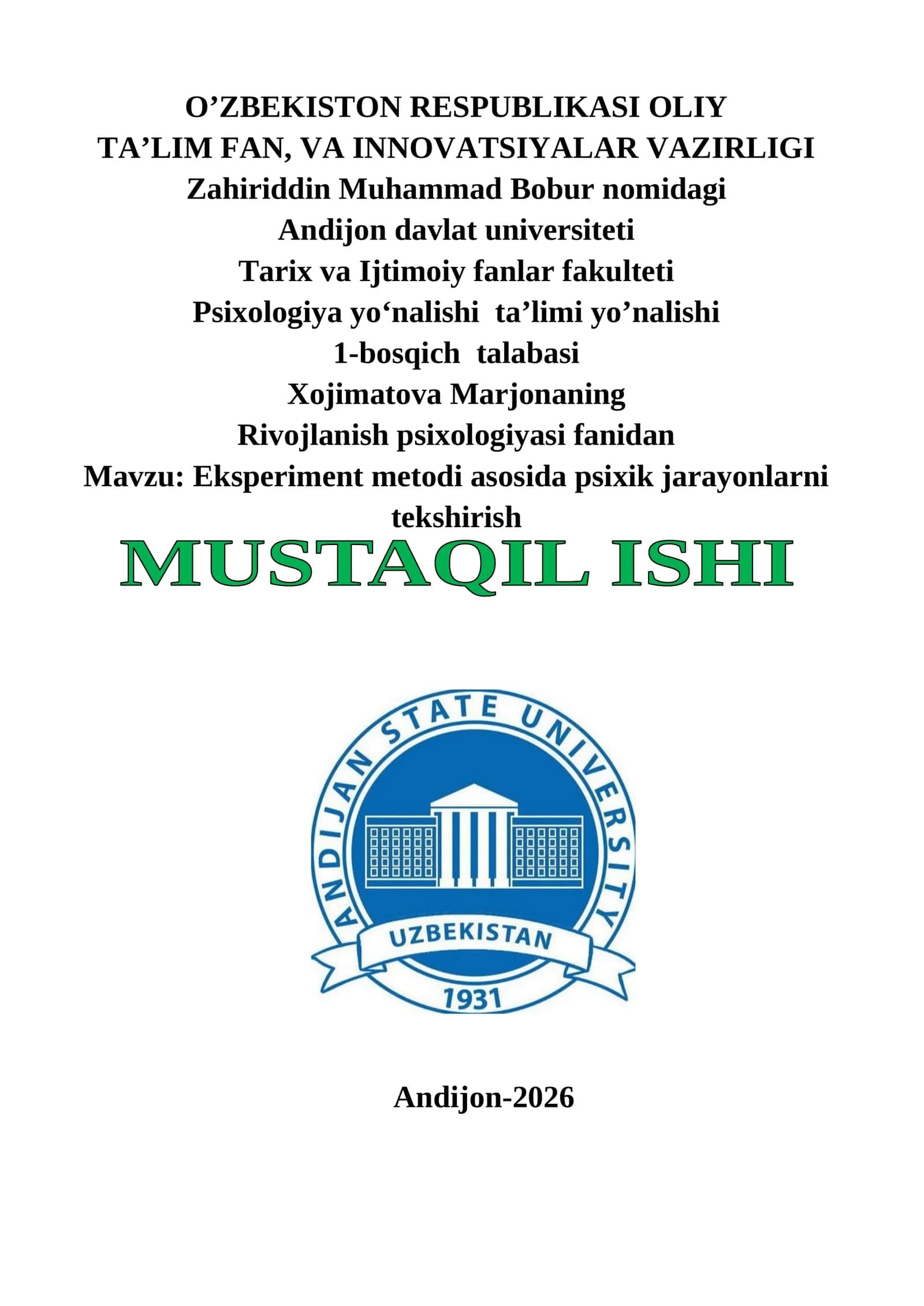 Eksperiment metodi asosida psixik jarayonlarni tekshirish