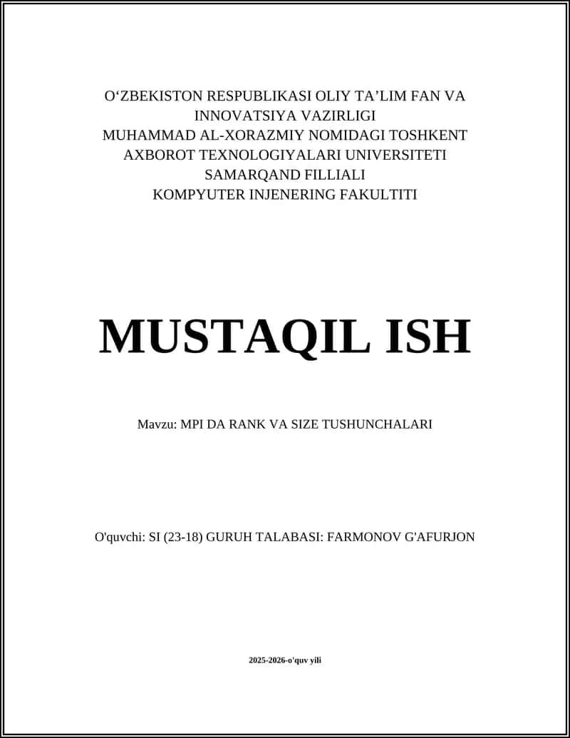 MPI DA RANK VA SIZE TUSHUNCHALARI