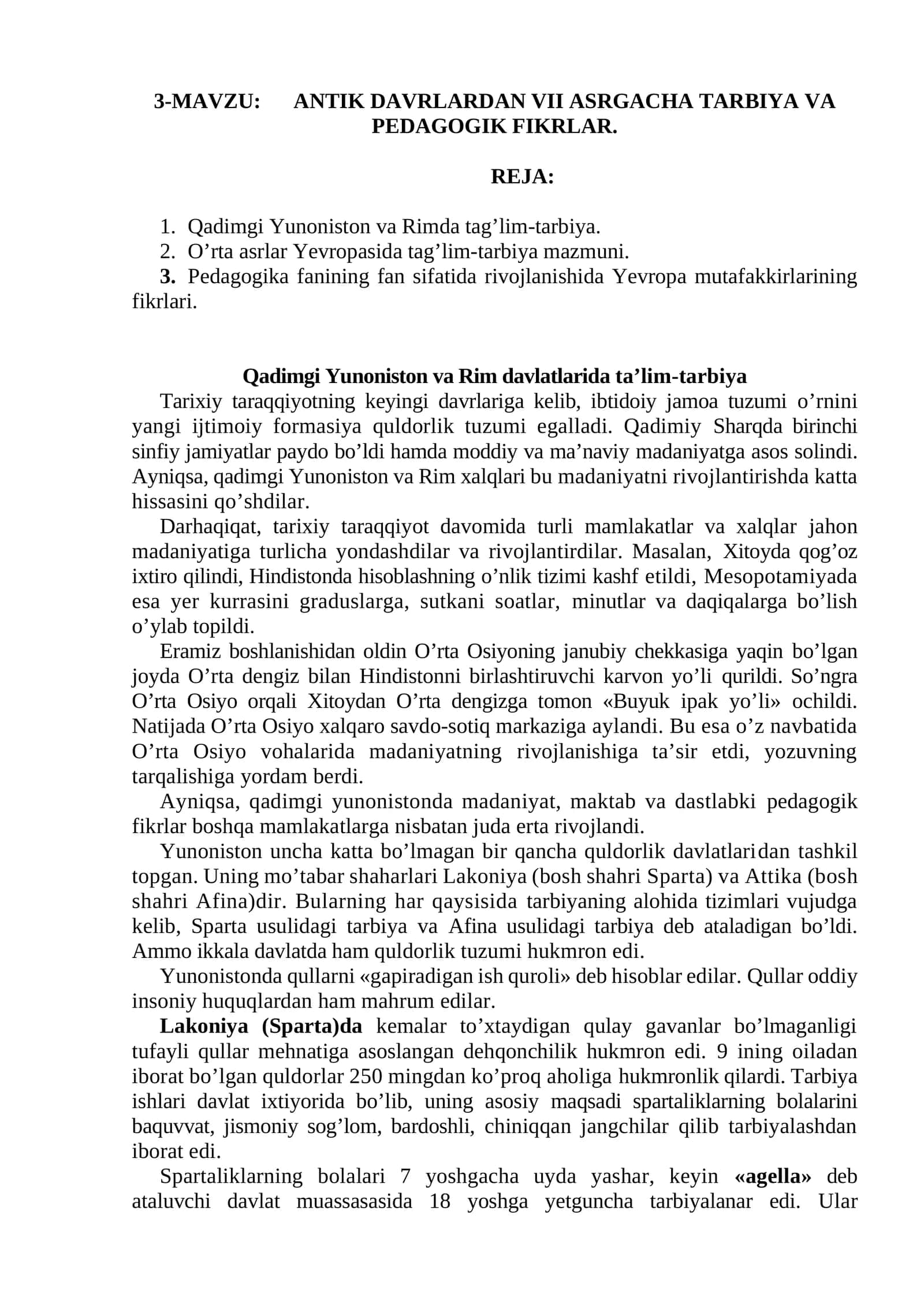 ANTIK DAVRLARDAN VII ASRGACHA TARBIYA VA PEDAGOGIK FIKRLAR