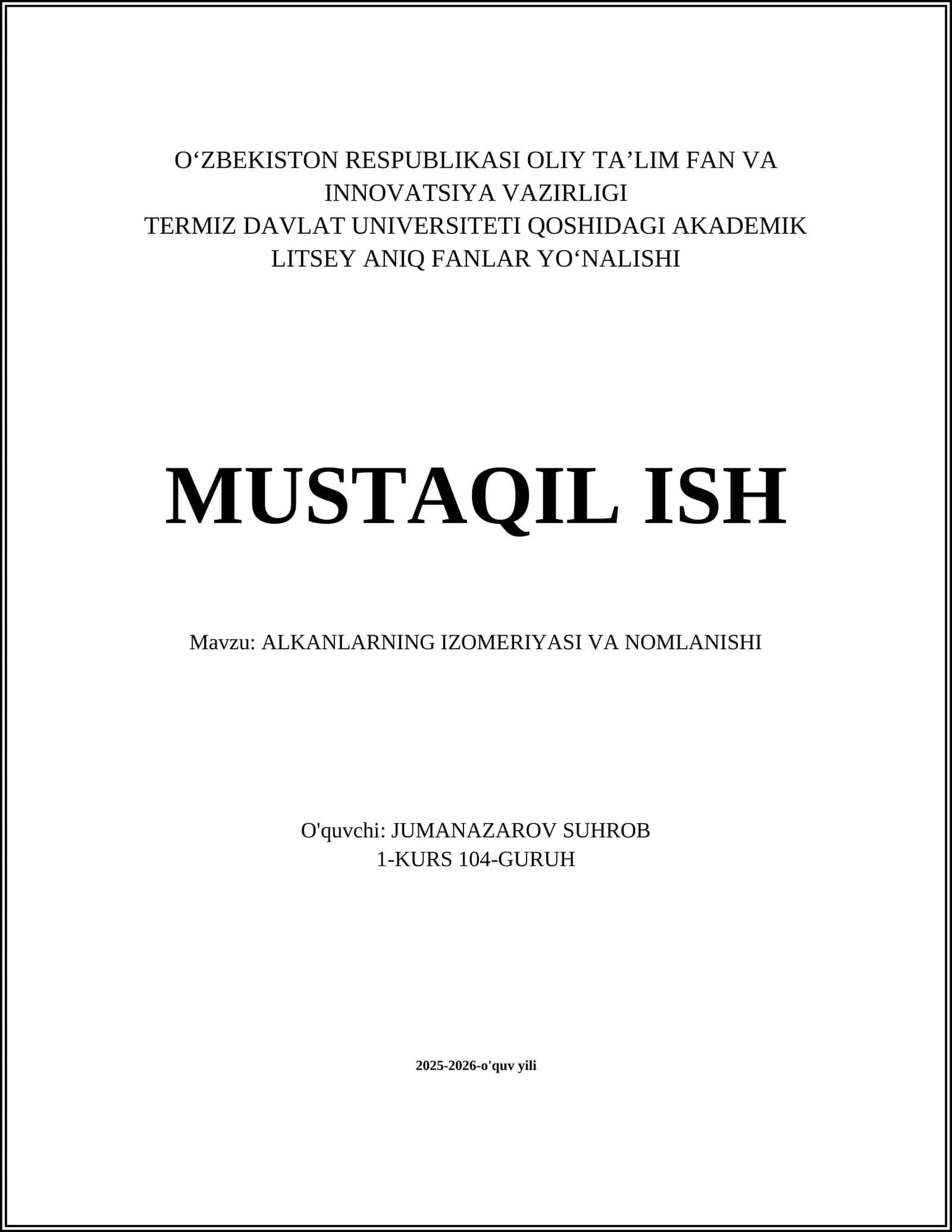 ALKANLARNING IZOMERIYASI VA NOMLANISHI