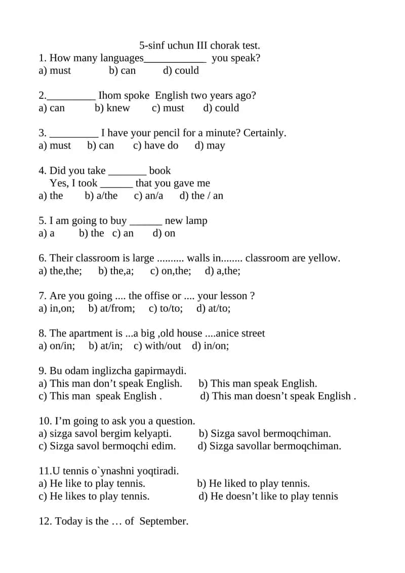 5-sinf uchun III chorak test