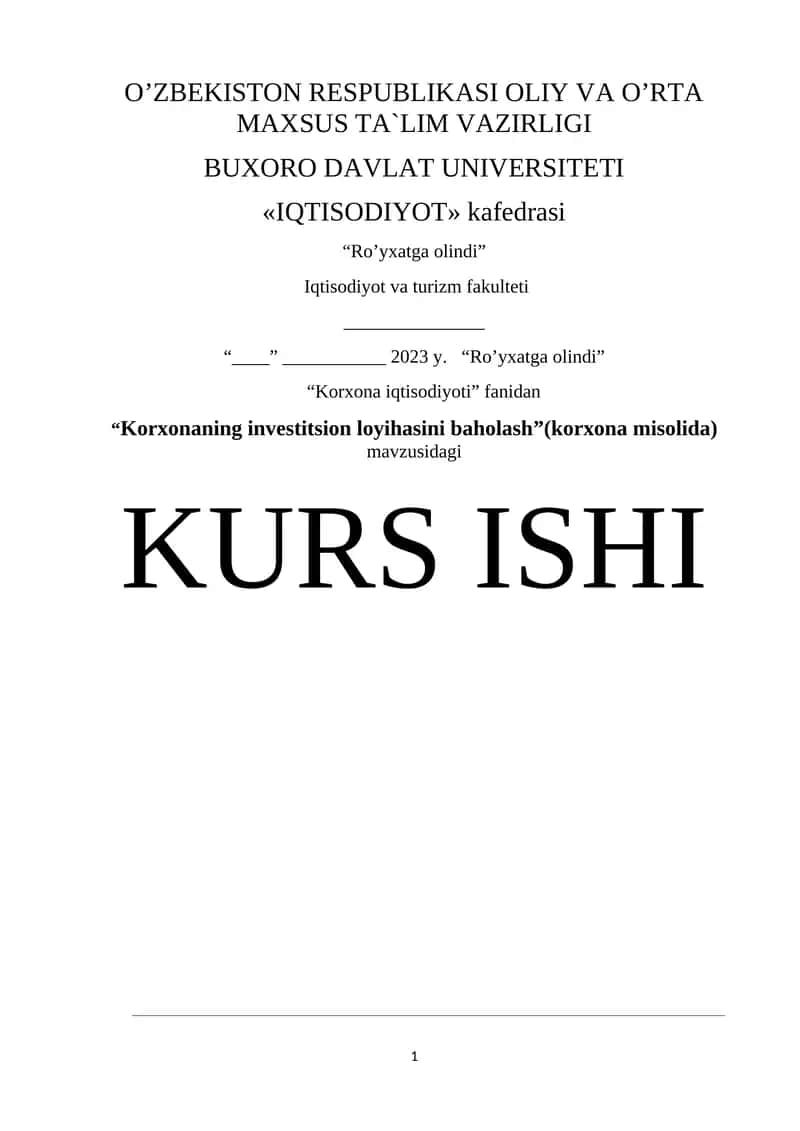 "Korxonaning investitsion loyihasini baholash"