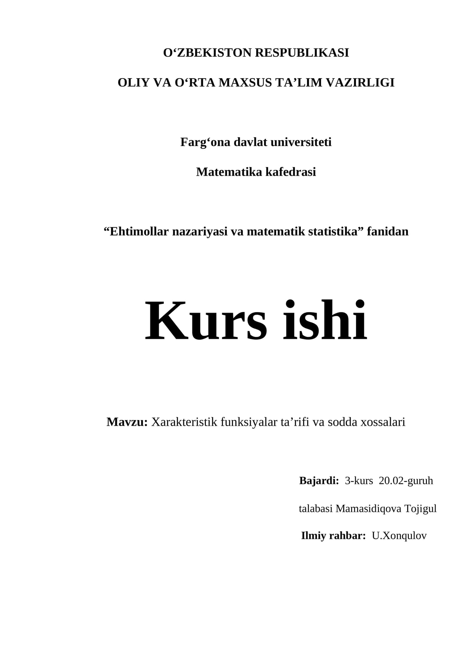 Kurs ishi "Xarakteristik funksiyalar ta’rifi va sodda xossalari"