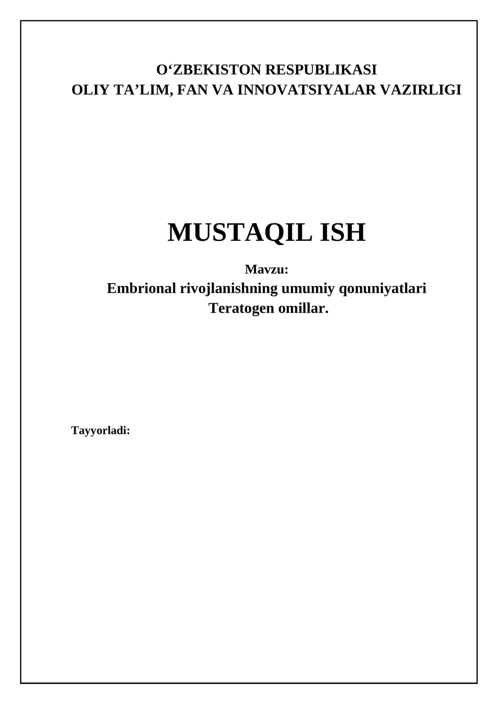 Embrional rivojlanishning asosiy bosqichlari