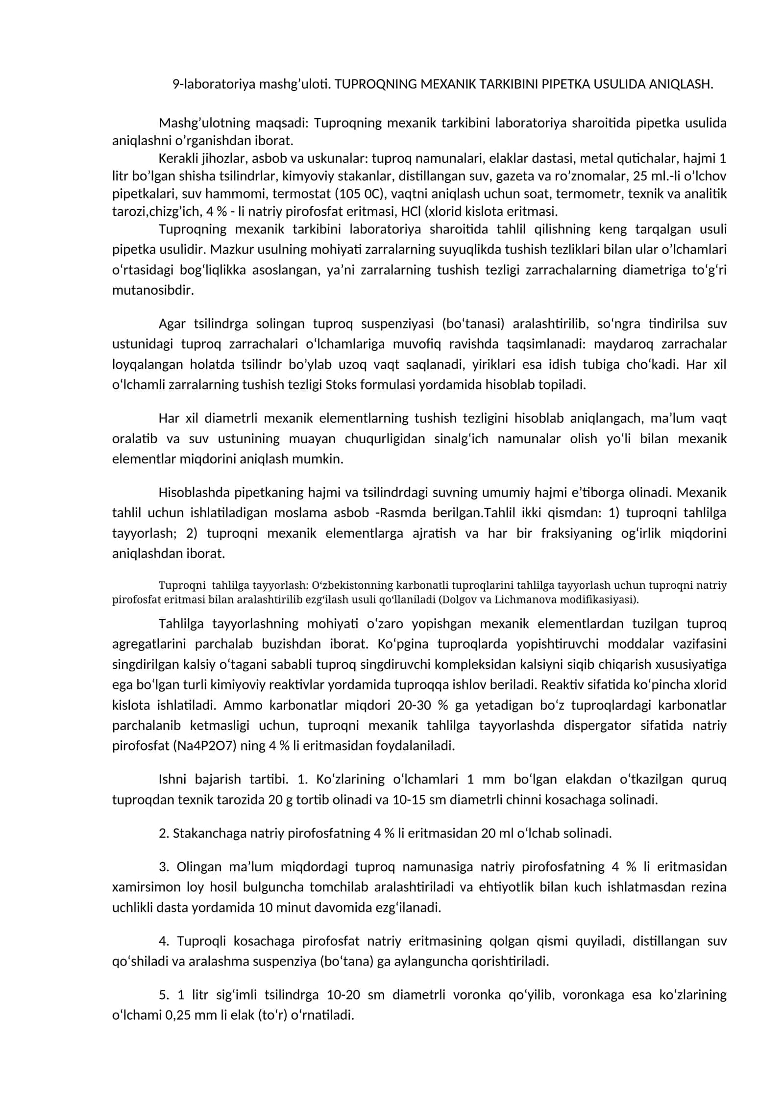 Tuproqning Mexanik Tarkibini Pipetka Usulida Aniqlash