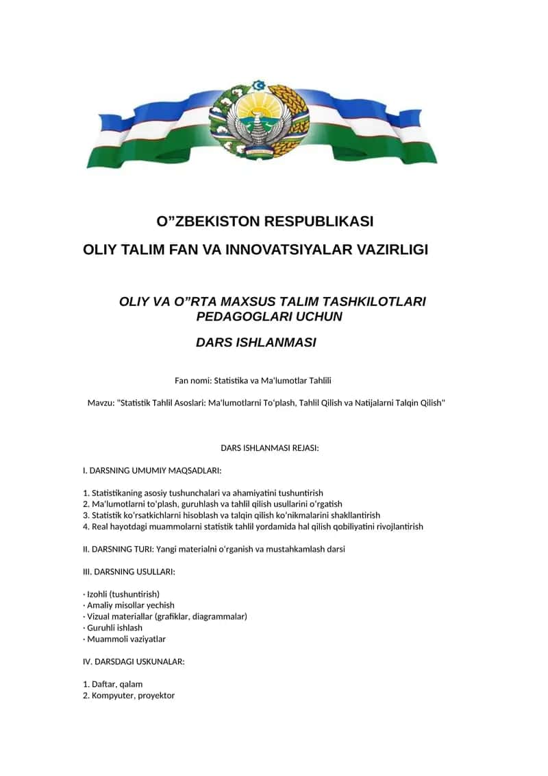 Statistik Tahlil Asoslari: Ma'lumotlarni Toʻplash, Tahlil Qilish va Natijalarni Talqin Qilish