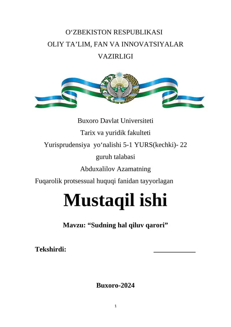 Abduxalilov Azamatning Fuqarolik Protessual Huquqi Fanidan Tayyorlagan Mustaqil Ishi