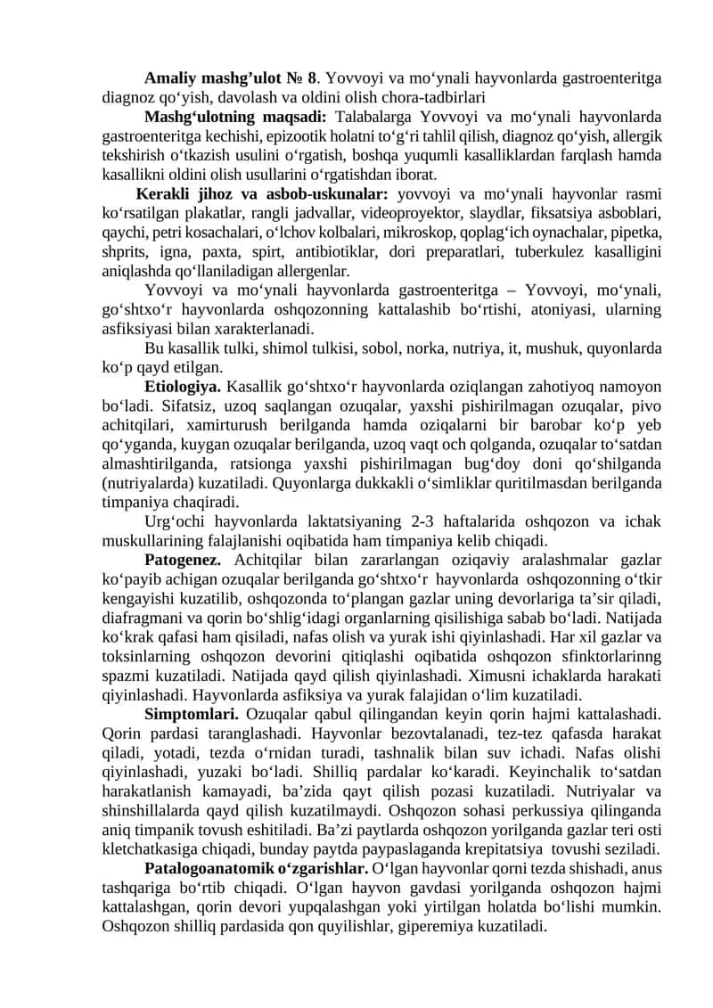 Amaliy mashg’ulot № 8. Yovvoyi va mo‘ynali hayvonlarda gastroenteritga diagnoz qo‘yish, davolash va oldini olish chora-tadbirlari