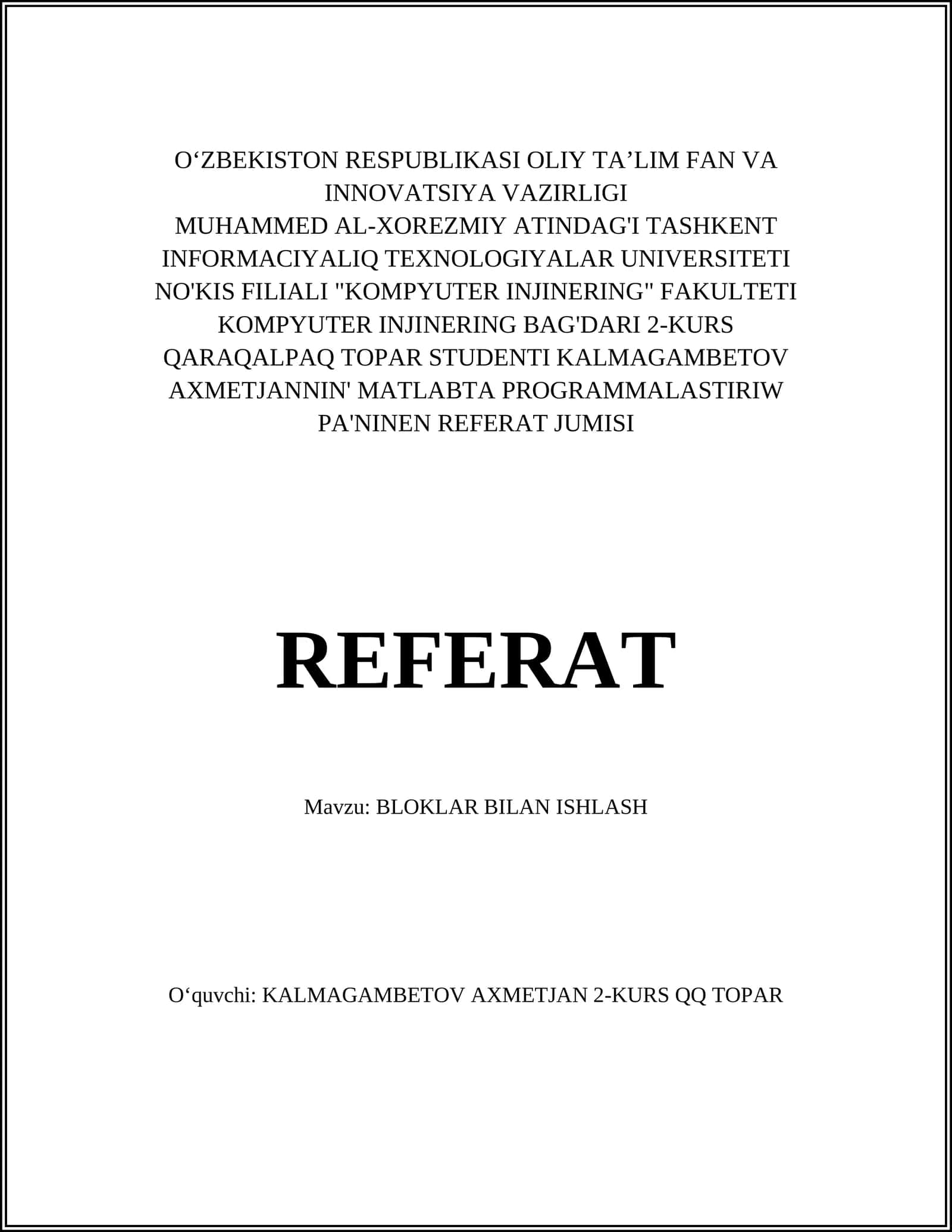 MATLABTA PROGRAMMALASTIRIW PA'NINEN REFERAT JUMISI