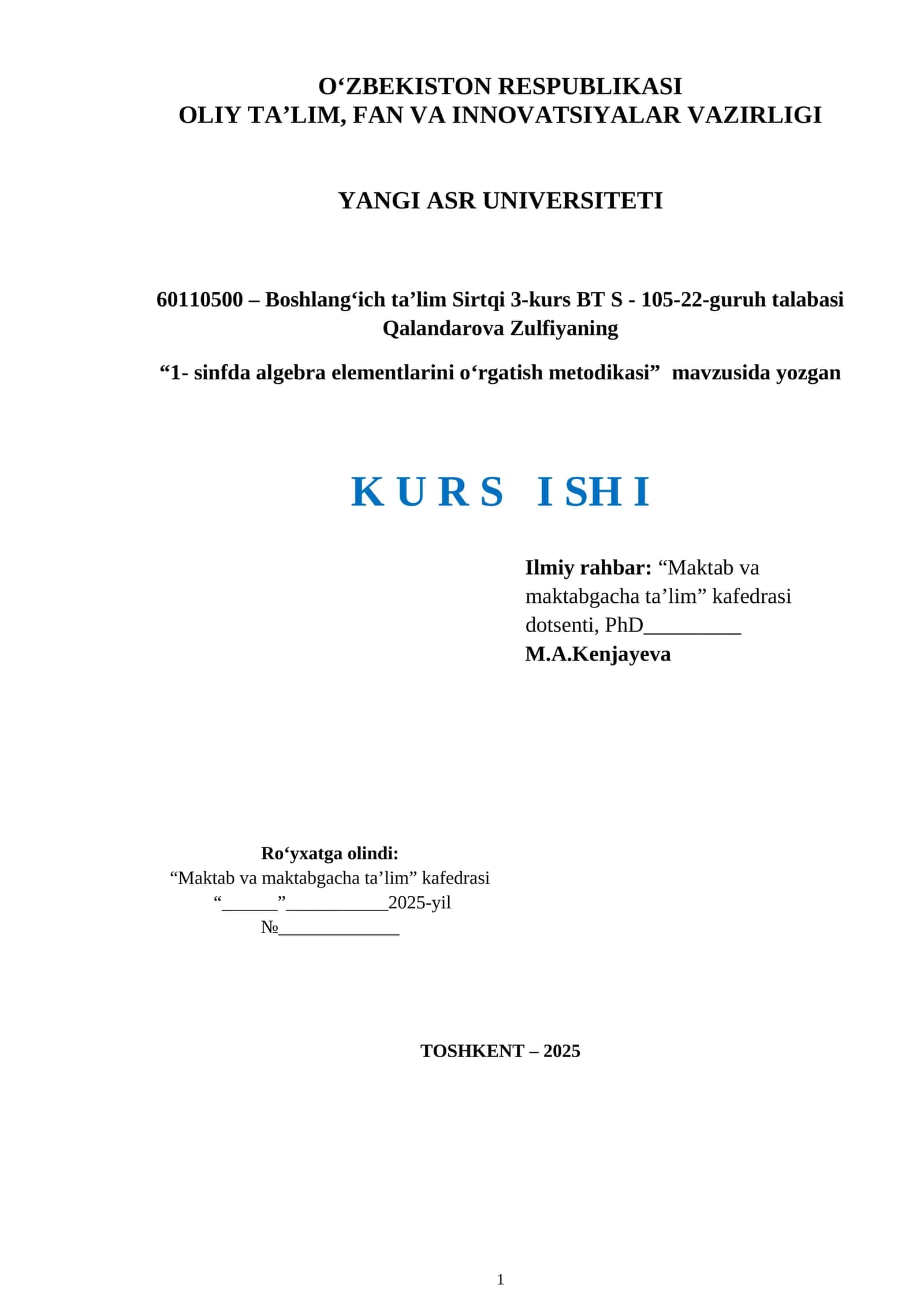 1- sinfda algebra elementlarini oʻrgatish metodikasi