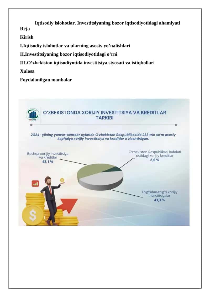 Iqtisodiy islohotlar. Investitsiyaning bozor iqtisodiyotidagi ahamiyati