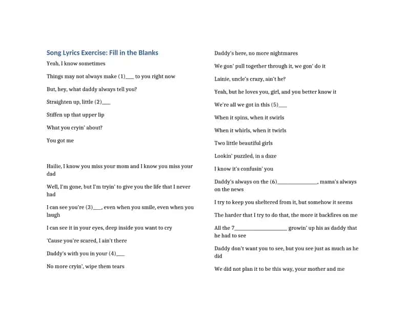 Song Lyrics Exercise: Fill in the Blanks