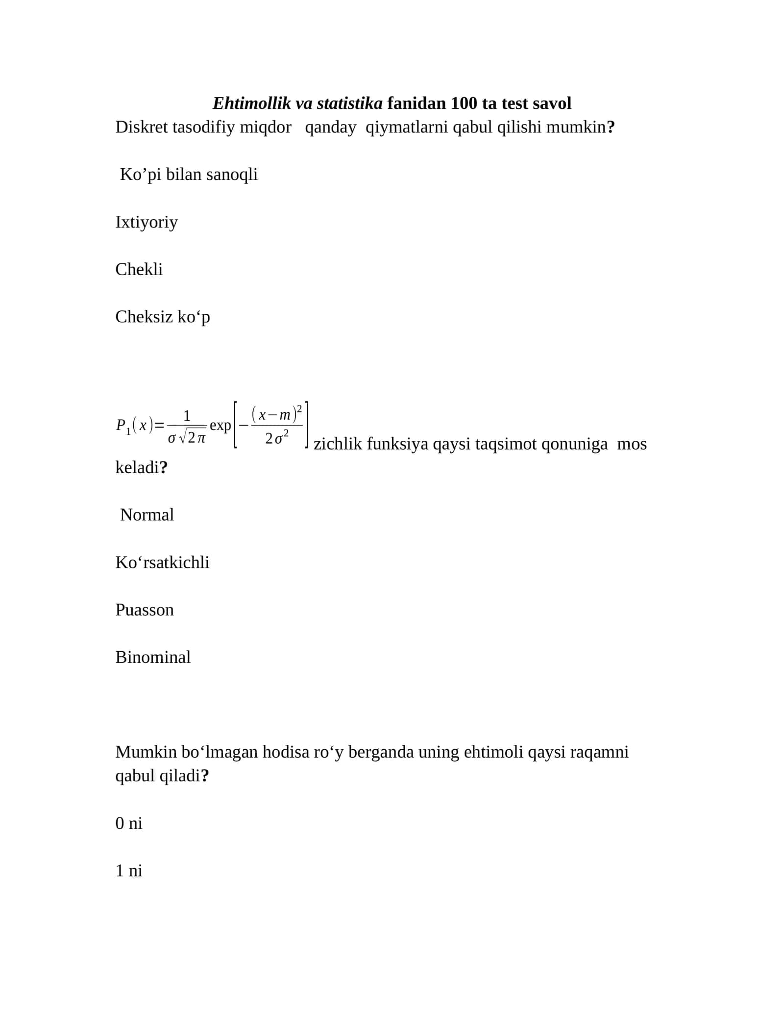 Diskret tasodifiy miqdorlar