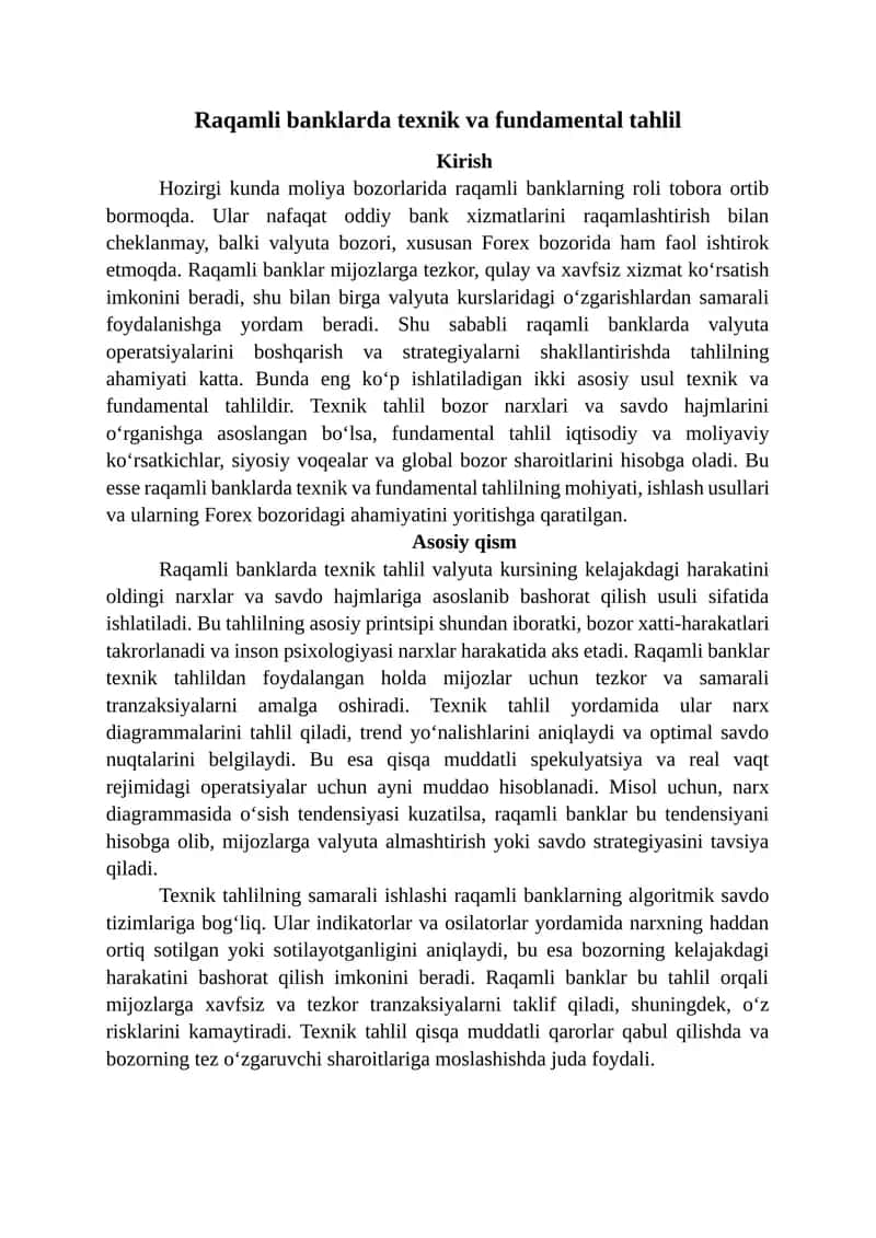 Raqamli banklarda texnik va fundamental tahlil