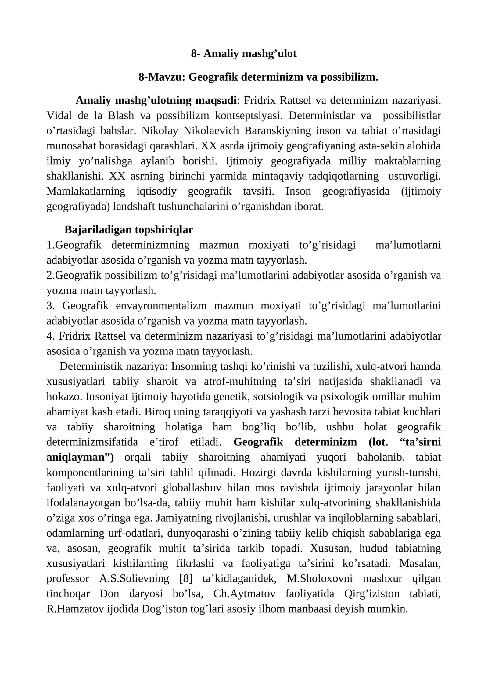 Geografik determinizm va possibilizm mashg'uloti