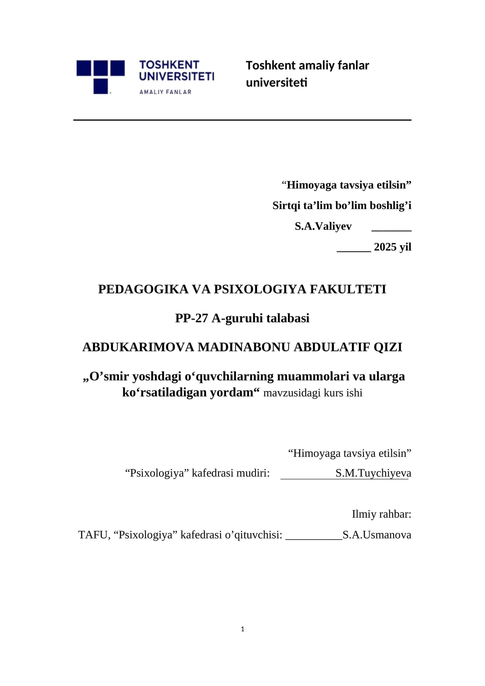 O’smir yoshdagi o‘quvchilarning muammolari va ularga ko‘rsatiladigan yordam