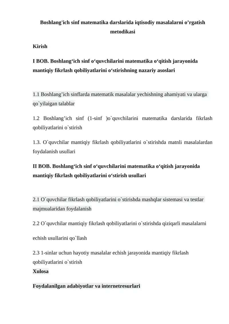 Boshlang'ich sinf matematika darslarida iqtisodiy masalalarni o’rgatish metodikasi