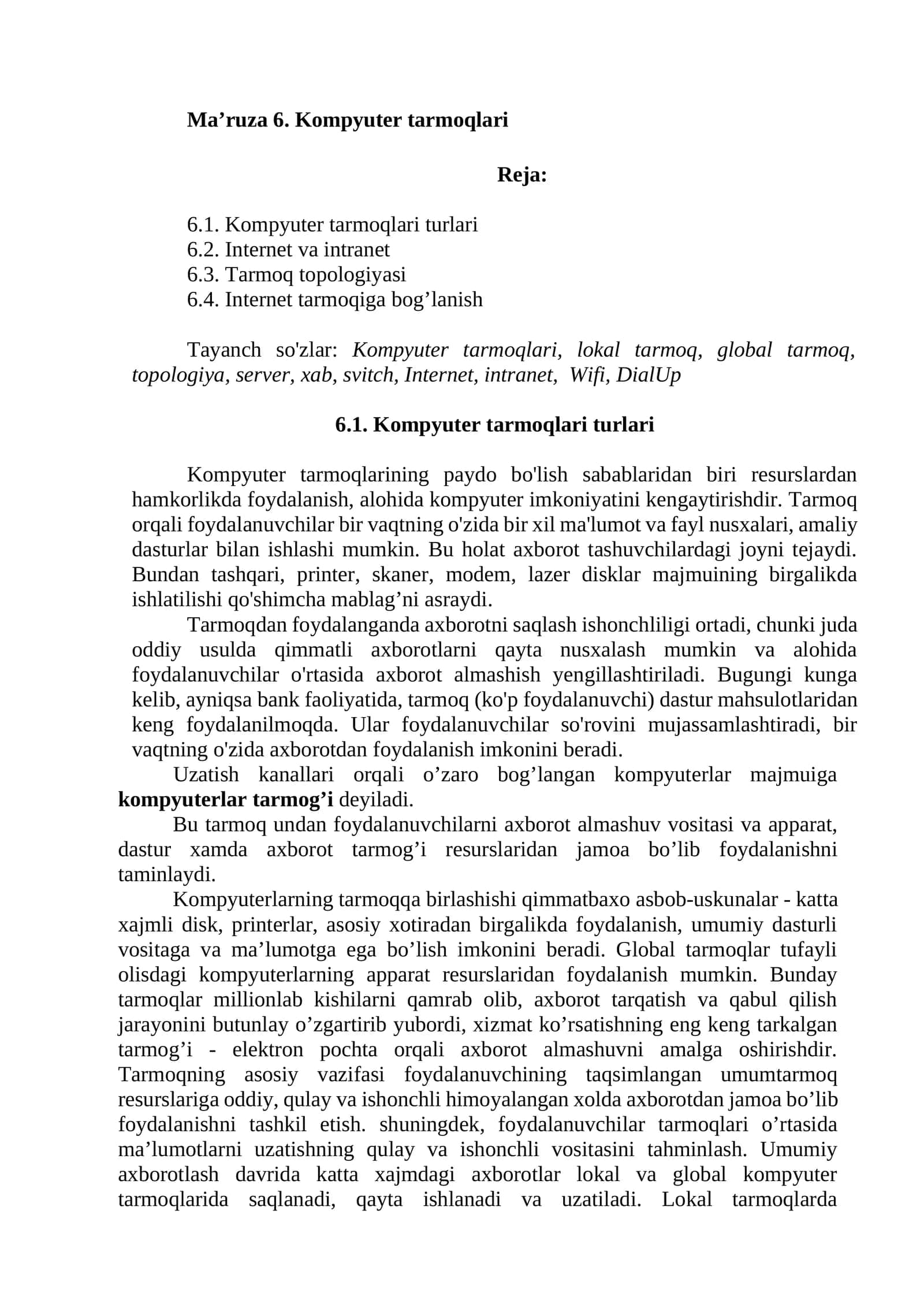Ma’ruza 6. Kompyuter tarmoqlari