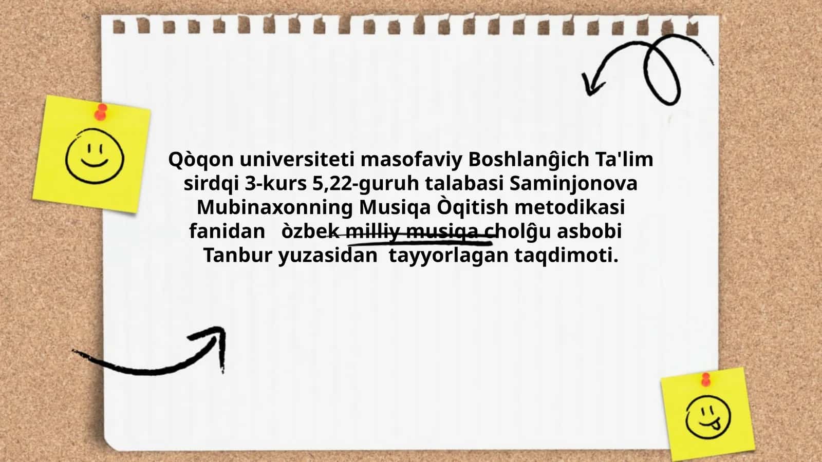 Musiqa Òqitish metodikasi fanidan òzbek milliy musiqa cholĝu asbobi Tanbur yuzasidan tayyorlagan taqdimoti