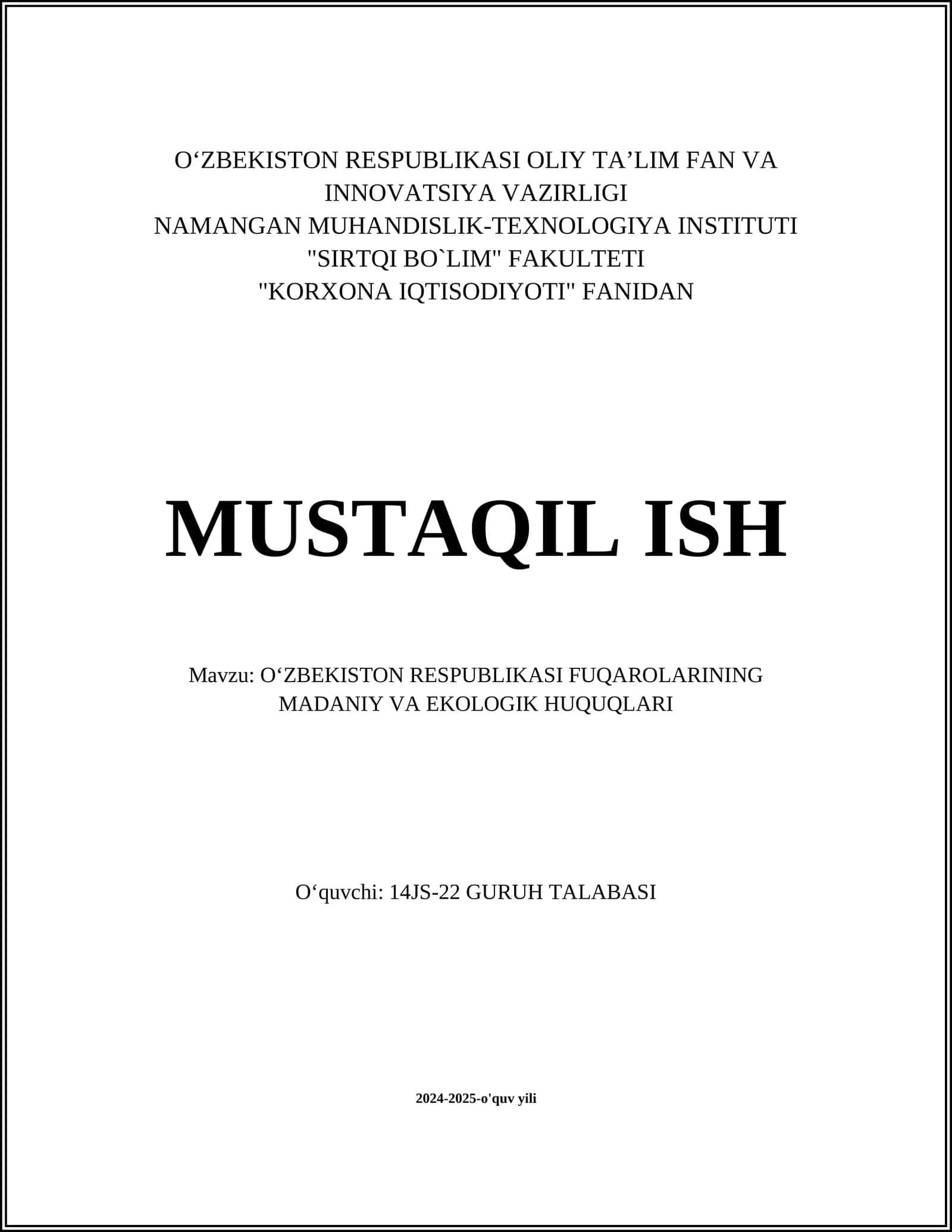 O‘ZBEKISTON RESPUBLIKASI FUQAROLARINING MADANIY VA EKOLOGIK HUQUQLARI