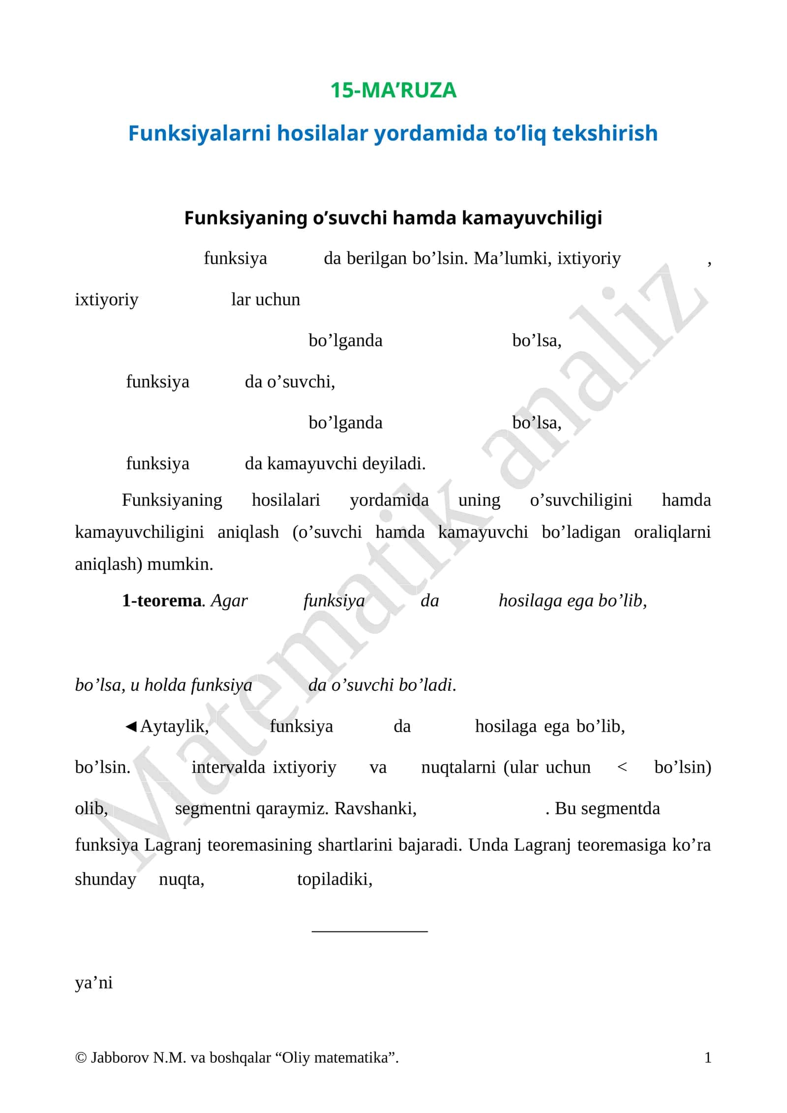 Funksiyalarni hosilalar yordamida to’liq tekshirish
