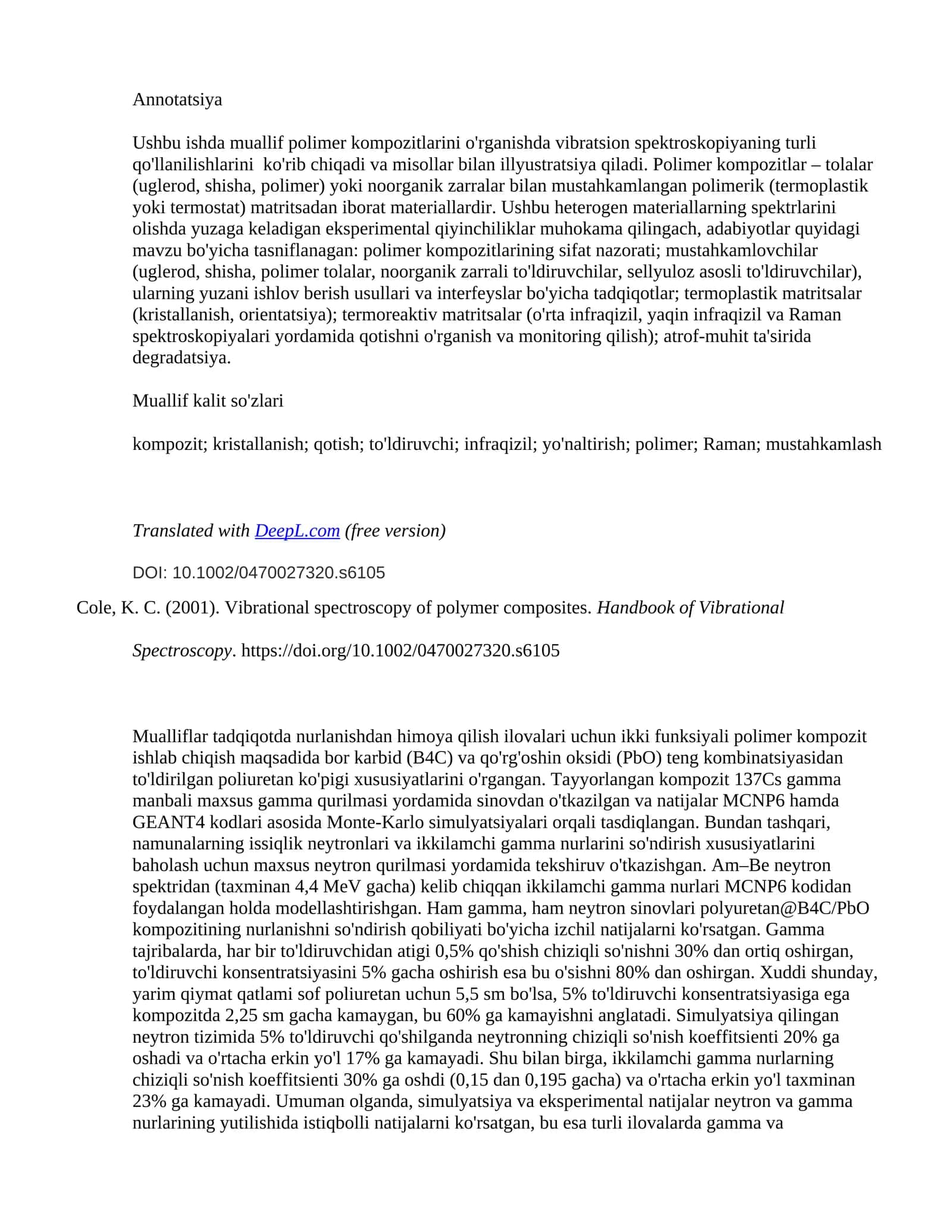 Polimer kompozitlarining spektral nazorati