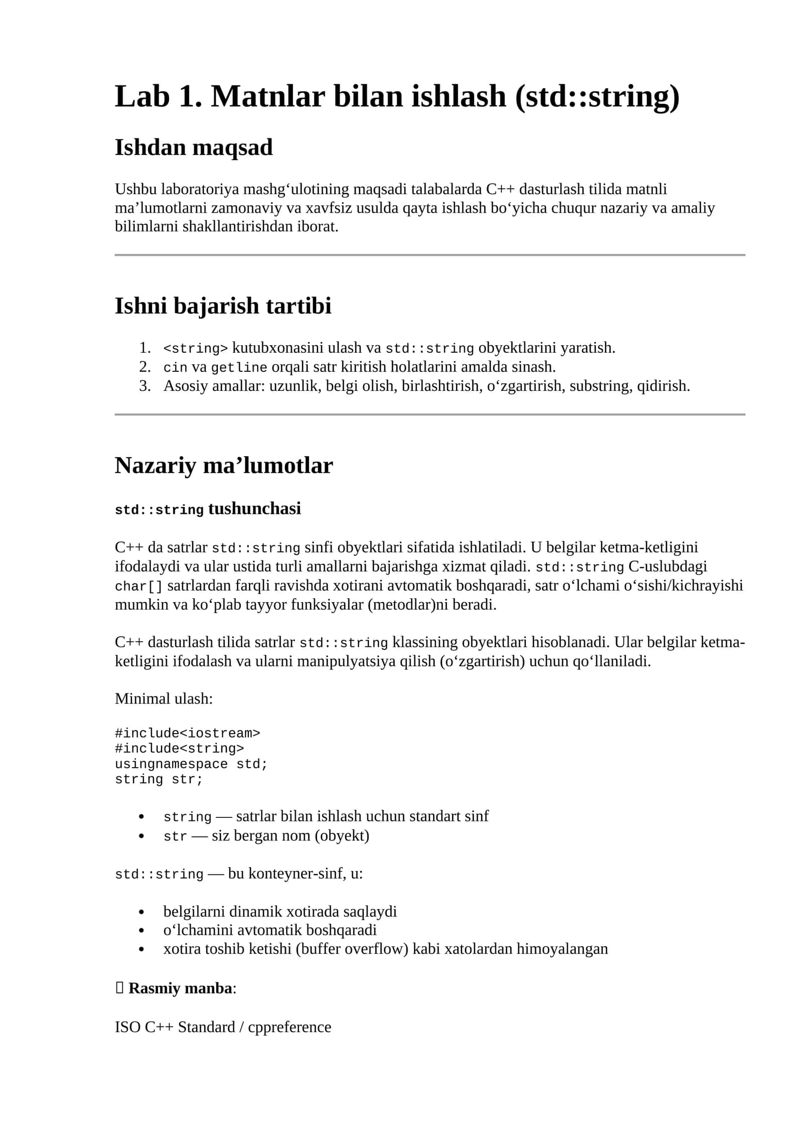 Lab 1. Matnlar bilan ishlash (std::string)