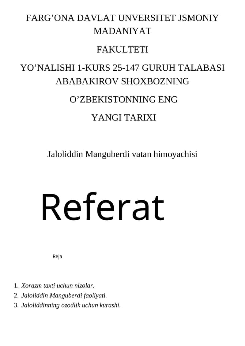 Jaloliddin Manguberdi vatan himoyachisi