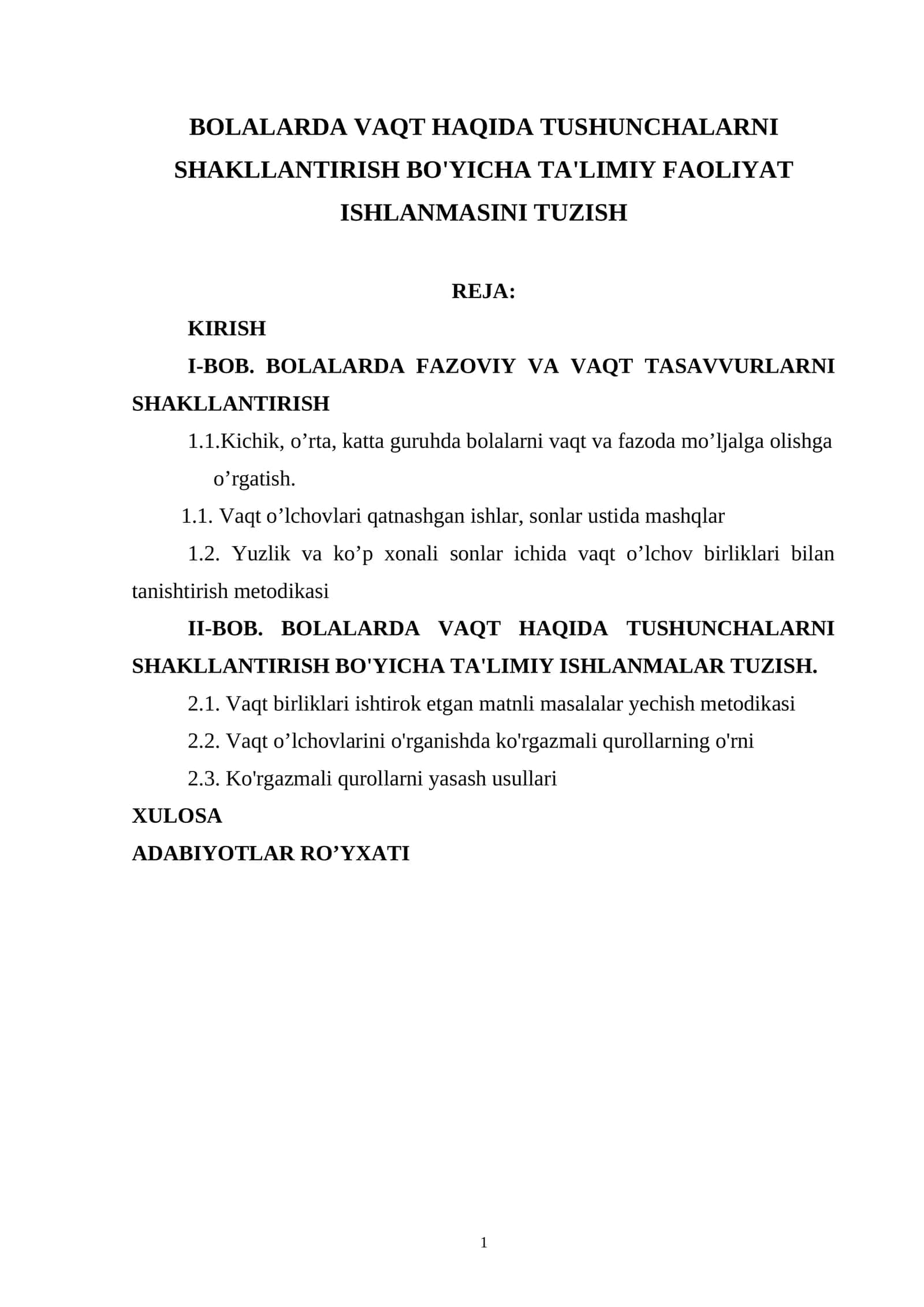 BOLALARDA VAQT HAQIDA TUSHUNCHALARNI SHAKLLANTIRISH BO'YICHA TA'LIMIY FAOLIYAT ISHLANMASINI TUZISH