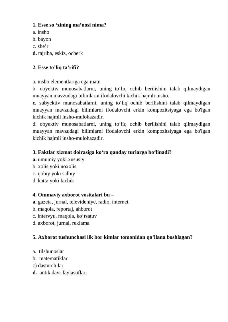 Akademik yozuv fanidan "ESSE. ESSE TURLARI" mavzusida test savollari (javoblari bilan)