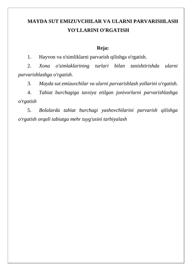 MAYDA SUT EMIZUVCHILAR VA ULARNI PARVARISHLASH YO'LLARINI O'RGATISH