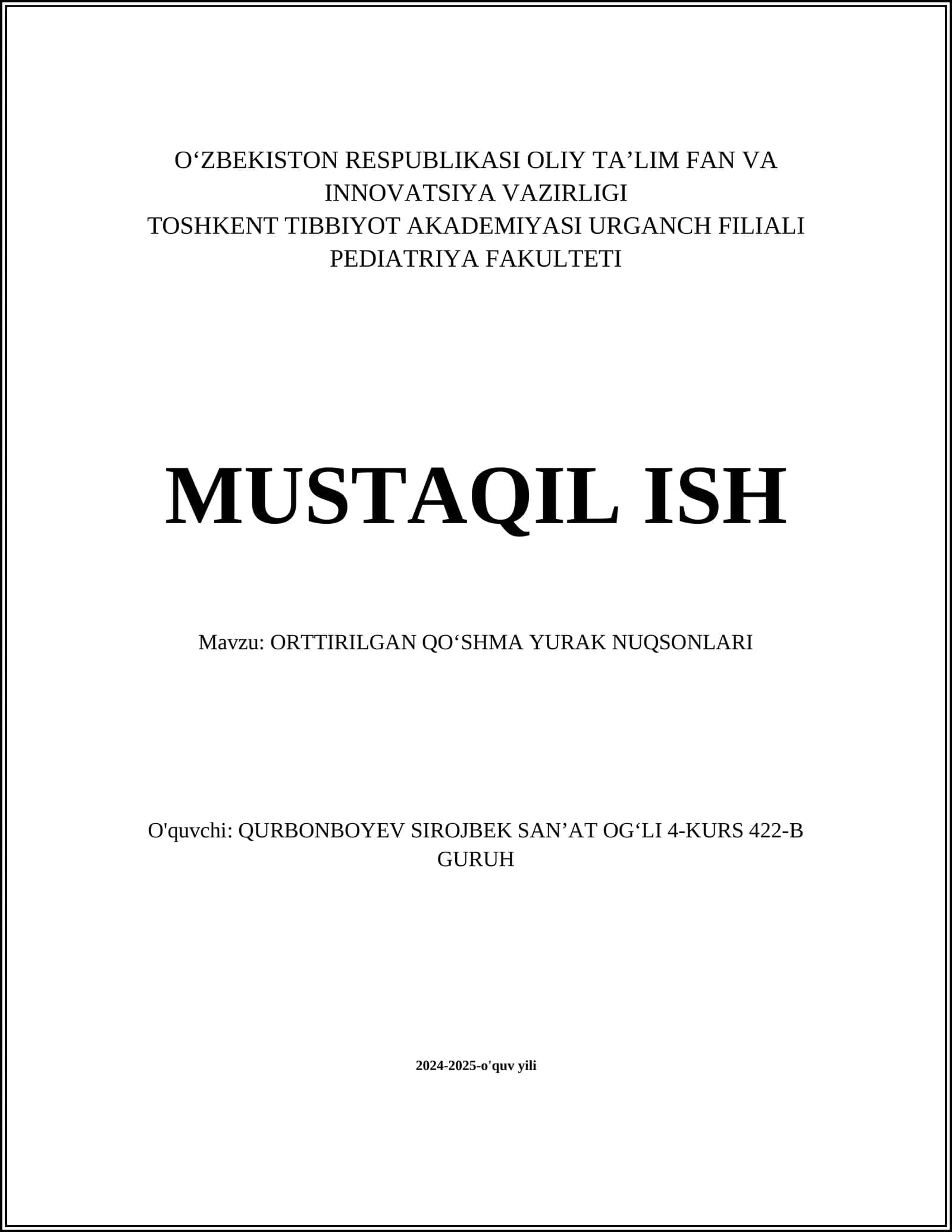 ORTTIRILGAN YURAK NUQSONLARI