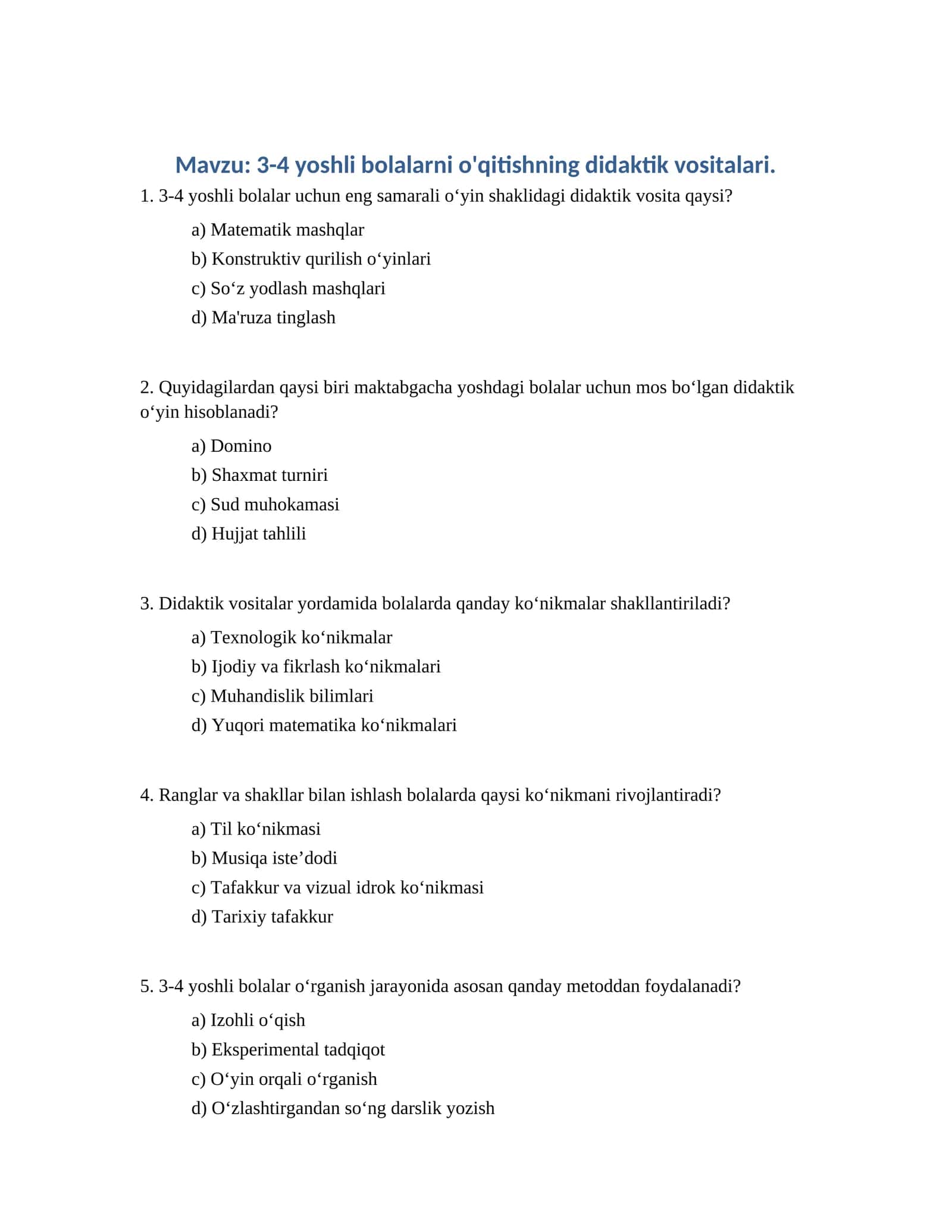 3-4 yoshli bolalarni o'qitishning didaktik vositalari