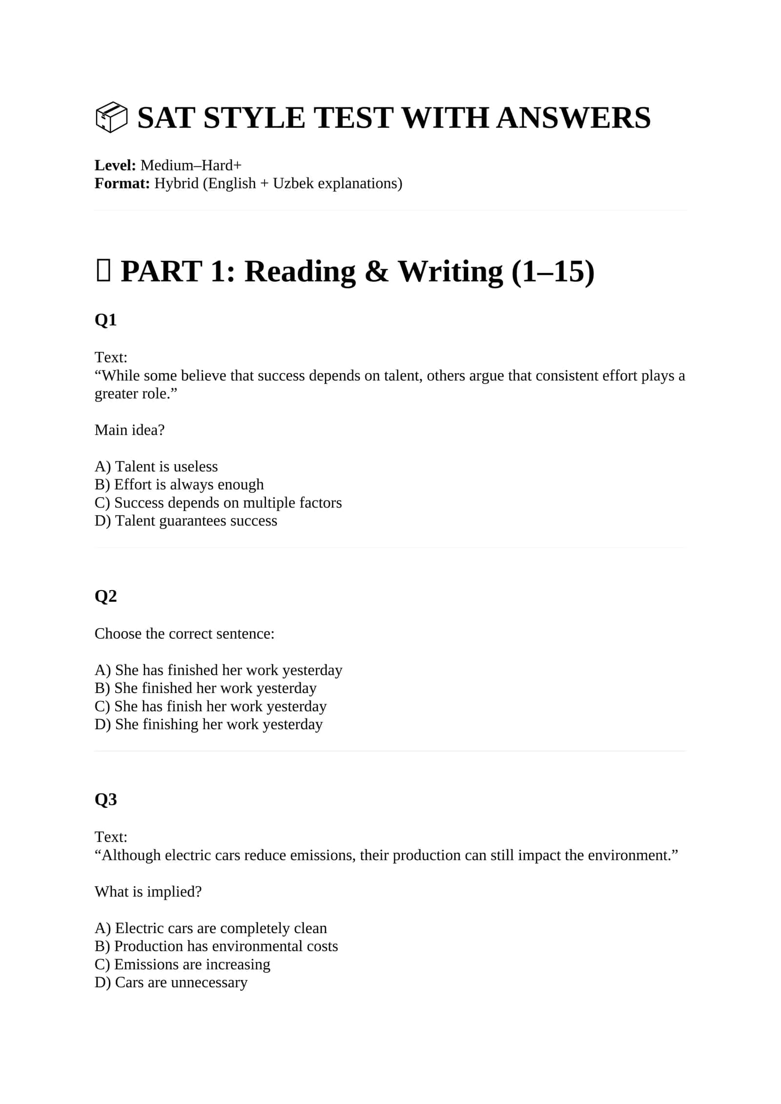 SAT STYLE TEST WITH ANSWERS