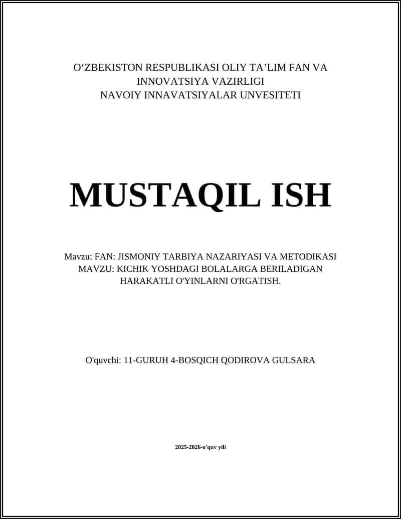 KICHIK YOSHDAGI BOLALARGA BERILADIGAN HARAKATLI O'YINLARNI O'RGATISH
