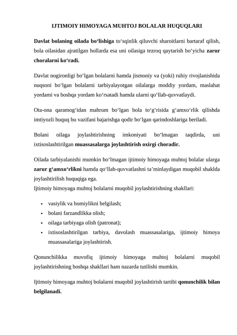 IJTIMOIY HIMOYAGA MUHTOJ BOLALAR HUQUQLARI