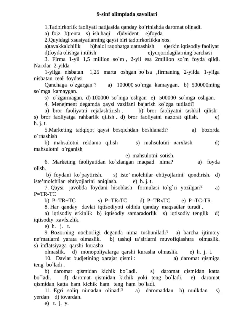 9-sinf olimpiada savollari