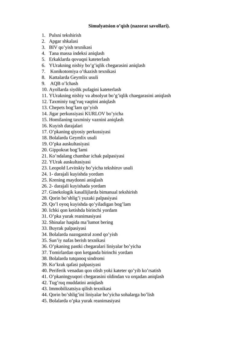 Simulyatsion o’qish (nazorat savollari)