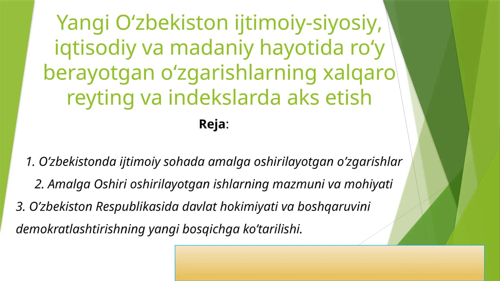 O`zbekistonda ijtimoiy sohada amalga oshirilayotgan o`zgarishlar
